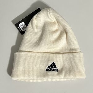 Adidas Three Stripe One Size Cream White Black Fold Knit Hat Cap Beanie